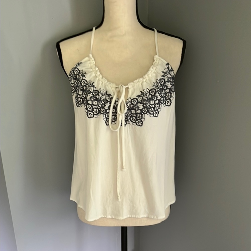 Cream and Blue Sleeveless Camisole with Tie Front